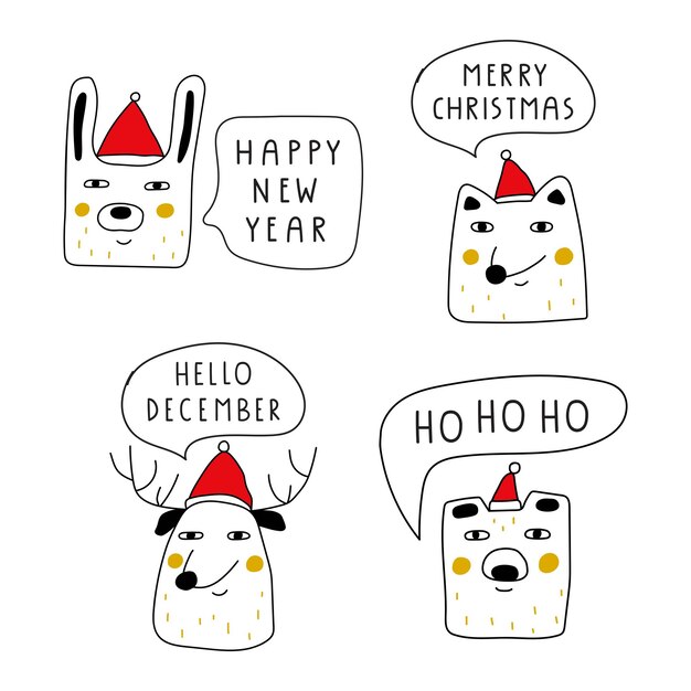 Set of cute animals heads in christmas hats with phrases Illustrations for greeting card