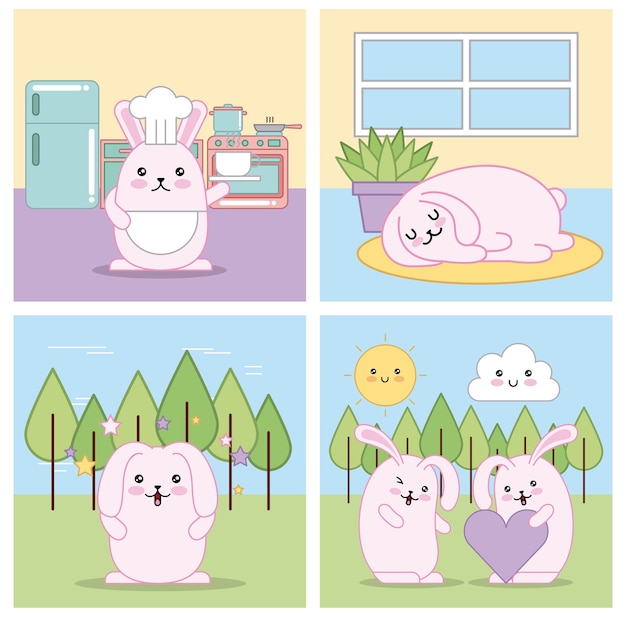 set of cute animals kawaii in different situations 