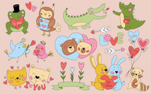 Set of cute animals in love adorable stickers with birds bunnies frogs and bears holding hearts and