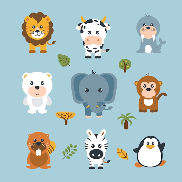 set cute animals pattern print vector