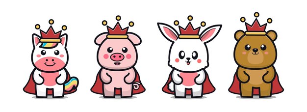 set of cute animals wearing crown cartoon character