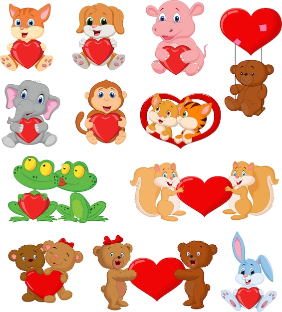 Set of cute animals with red hearts