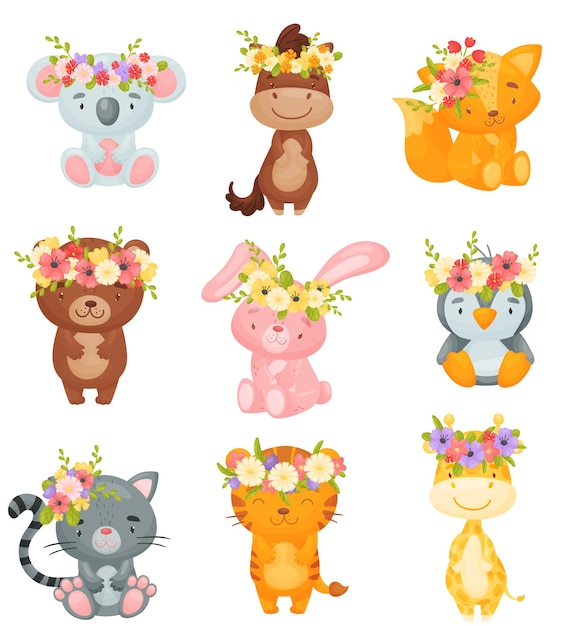 Set of cute animals with wreaths of flowers on their heads Koala horse fox bear hare penguin cat tiger giraffe Vector illustration on white background