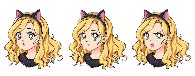 A set of cute anime girl wearing cat costume with different expressions Blonde hair big green eyes Hand drawn retro anime vector illustration Can be used for avatar stickers badges prints etc