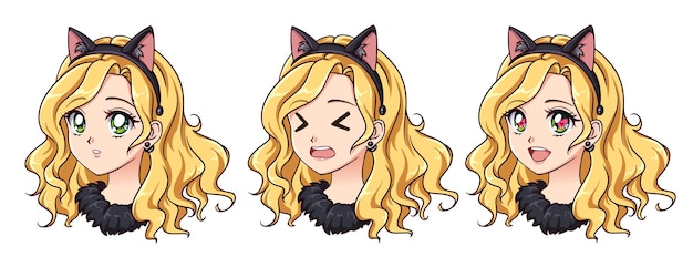 A set of cute anime girl wearing cat costume with different expressions Blonde hair big green eyes Hand drawn retro anime vector illustration Can be used for avatar stickers badges prints etc