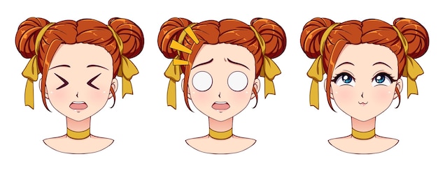 A set of cute anime girl with different expressions Red hair big blue eyes Hand drawn retro anime style vector illustration