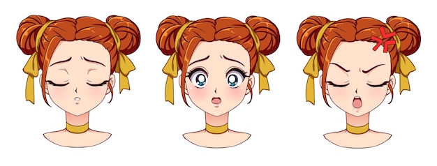 A set of cute anime girl with different expressions Red hair big blue eyes Hand drawn retro anime style vector illustration