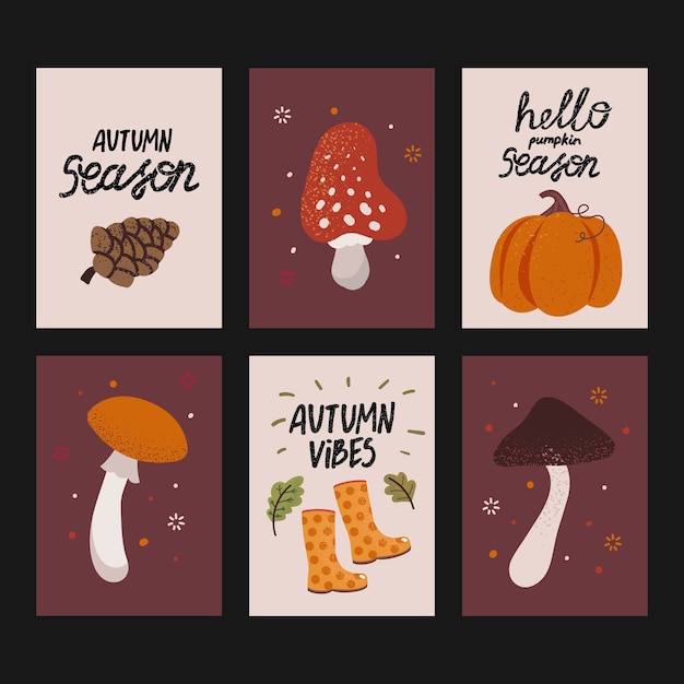  set of cute autumn cards with hand written text. Beautiful posters with pumpkin, mushrooms and other fall elements