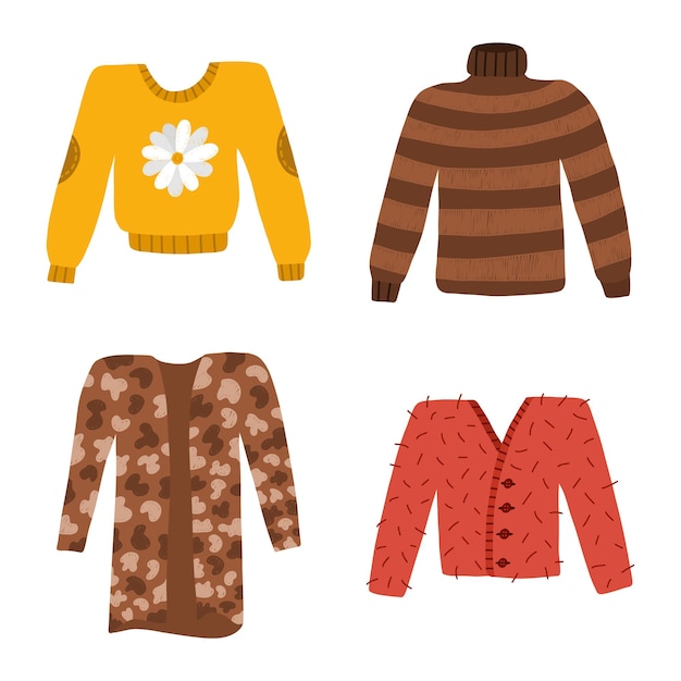 Set of cute autumn sweaters jumpers and cardigans for cold weather Bundle of knitted woolen warm clothing with various prints and designs Hygge hand drawn illustration isolated on background