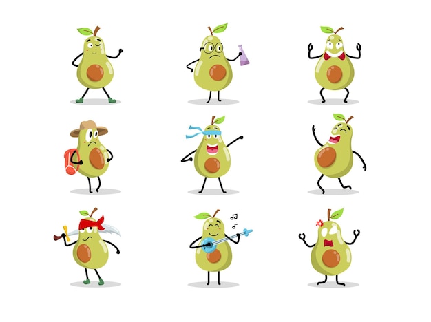 Set of cute avocado character in different poses