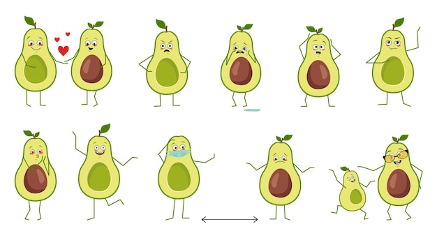 Set of cute avocado characters with emotions isolated on white background. The funny or sad heroes, green fruit and vegetable have play, fall in love, keep their distance. Vector flat illustration