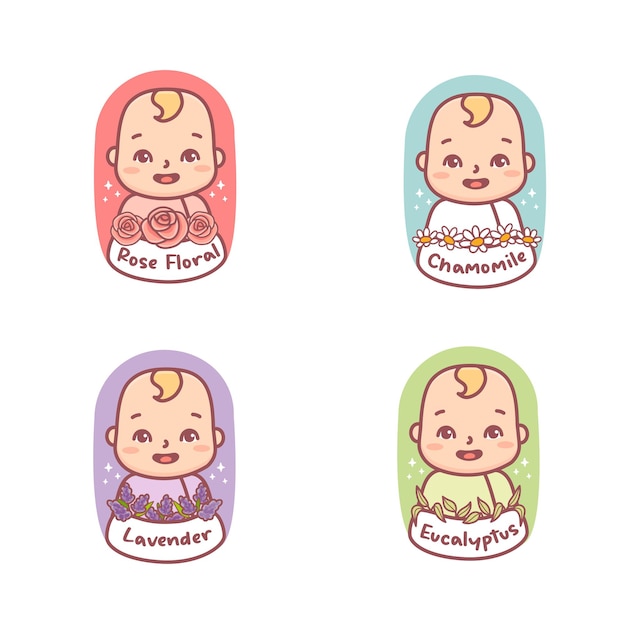 Set of Cute Baby logo fragnance for baby cosmetic and packaging. Chamomile,rose,eucalyptus,lavender.