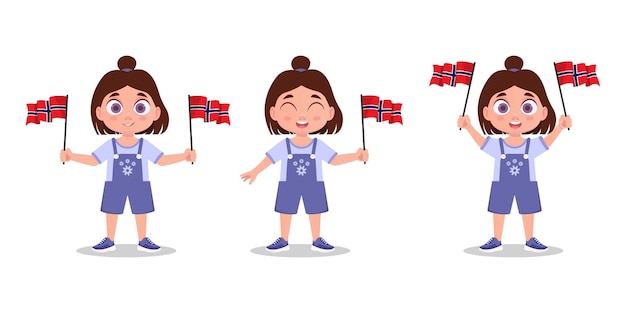 Set of cute baby with Norges flag in hand. Girl with a flag. Vector illustration