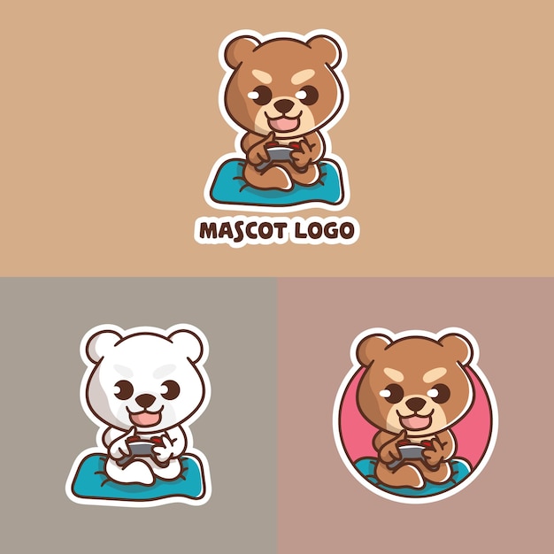 set of cute bear playing game mascot logo