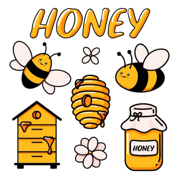 Set of cute bee tasty healthy honey jar hives flower and text vector illustrations doodle