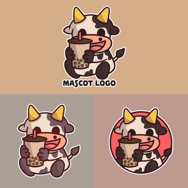 set of cute boba cow mascot logo  