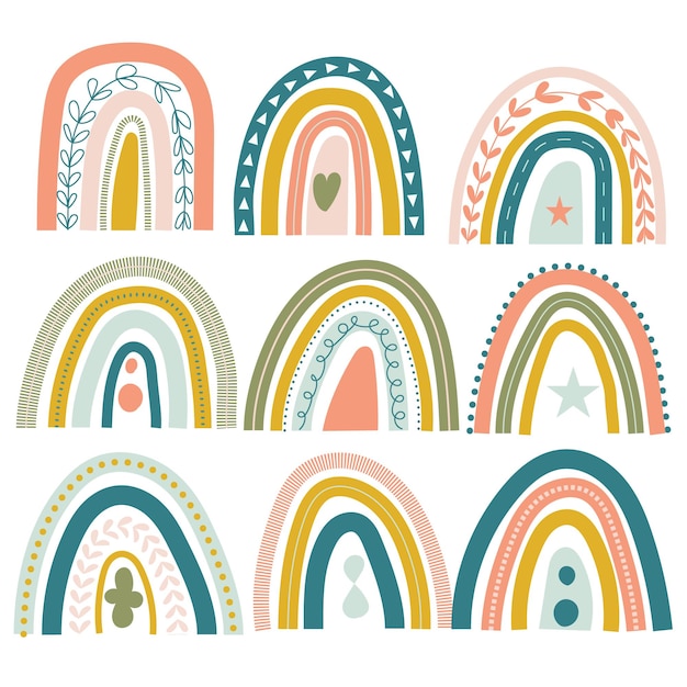 Set of cute boho rainbows in a simple style