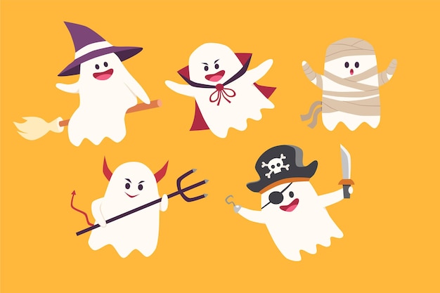 Set of cute boo ghost in halloween costume