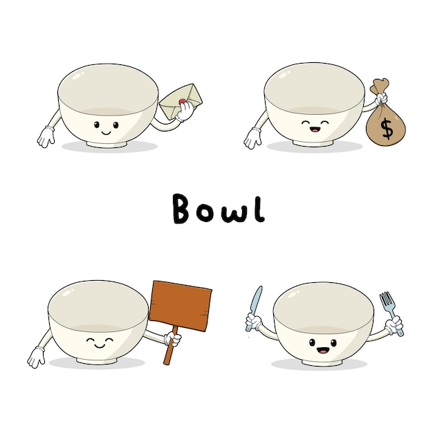 Set of cute bowl cartoon mascot characters