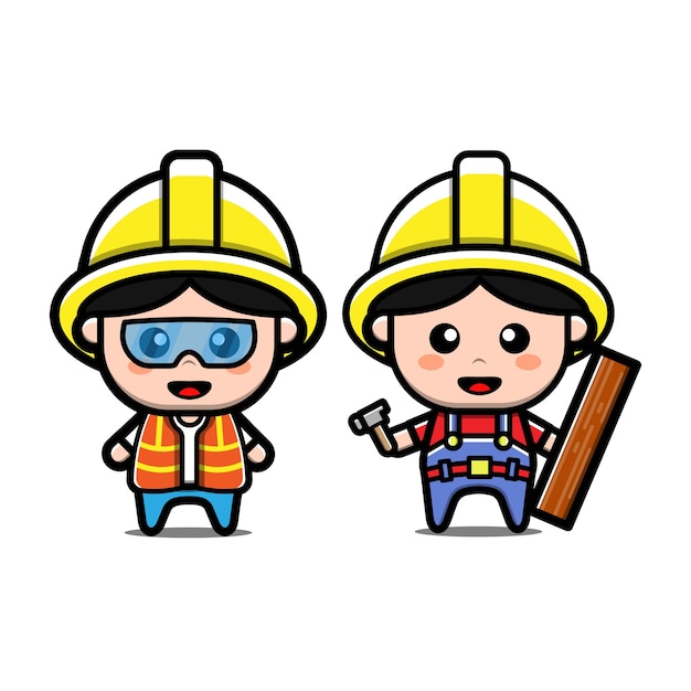 set of cute builder cartoon character