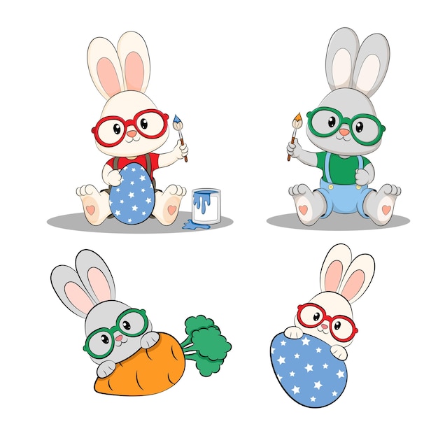 Set of cute bunny wearing glasses