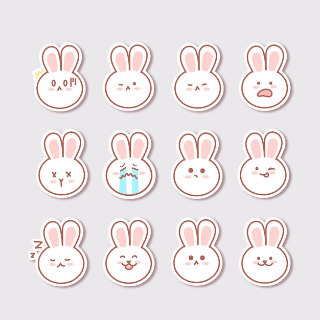 Set of cute bunny with sticker isolated on grey