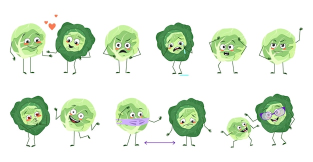 Set of cute cabbage characters with emotions faces arms and legs happy or sad heroes vegetables play...