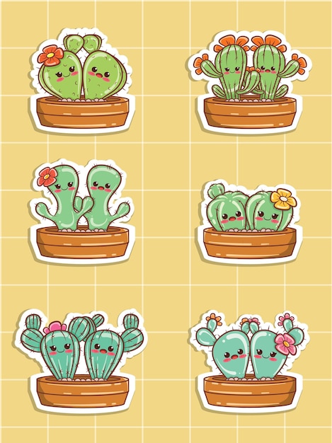 set of cute cactus couple cartoon sticker illustration