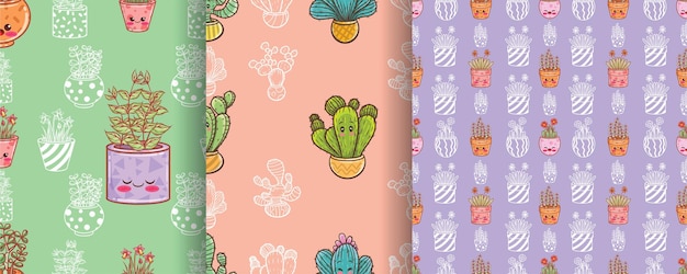 set of cute cactus and flowers cartoon character seamless pattern