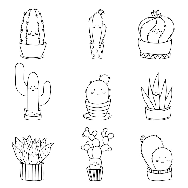 Vector a set of cute cactus in the style of doodles. cacti with kawaii emotions. a plant in a flower pot