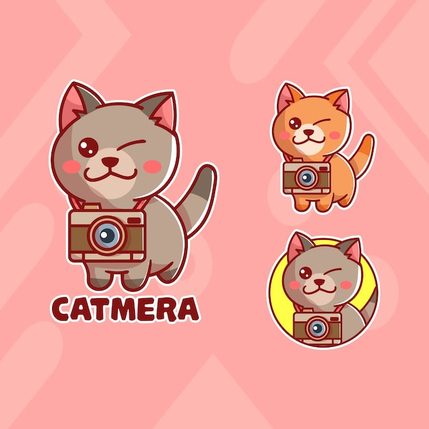 set of cute camera cat mascot logo with optional appearance.  kawaii 