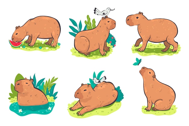 Set of cute capybaras isolated on white background Vector graphics