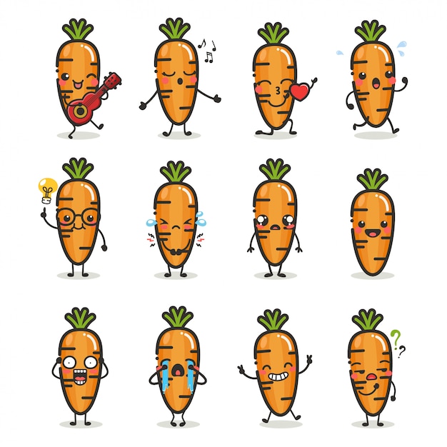 Set of cute carrot character in different action emotion