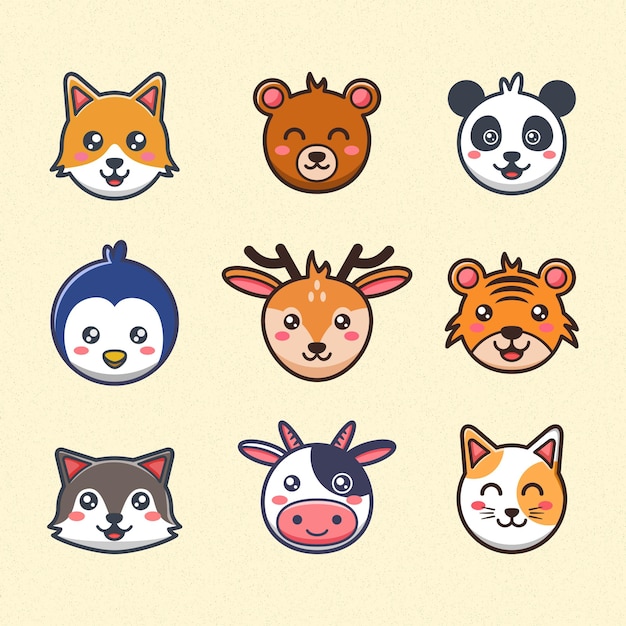 Set of cute cartoon animal head flat design