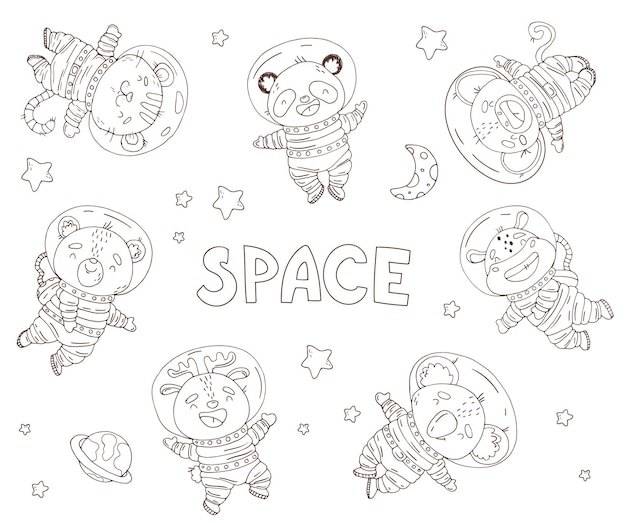 Set of cute cartoon animals astronaut in space Element for print postcard and poster isolate on white background Vector illustration