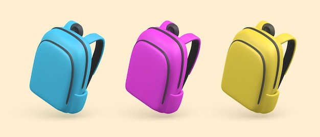 Set of cute cartoon backpacks 3d realistic school bags Back to school concept Vector illustration