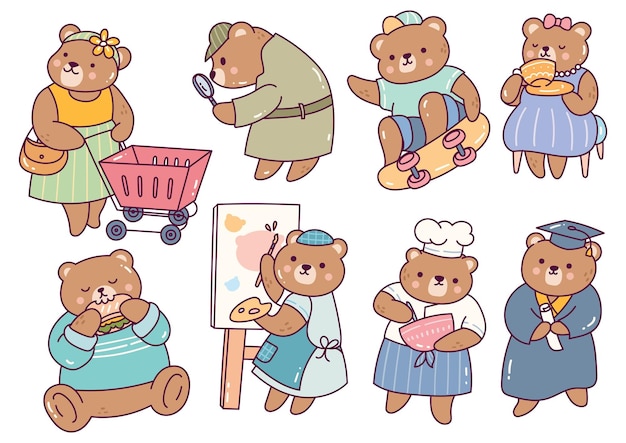 Set of Cute Cartoon Bear Doing Various Activities