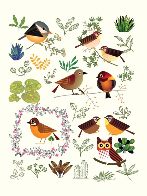 Vector set of cute cartoon bird on plant trees branch on background vector illustration bird and nature