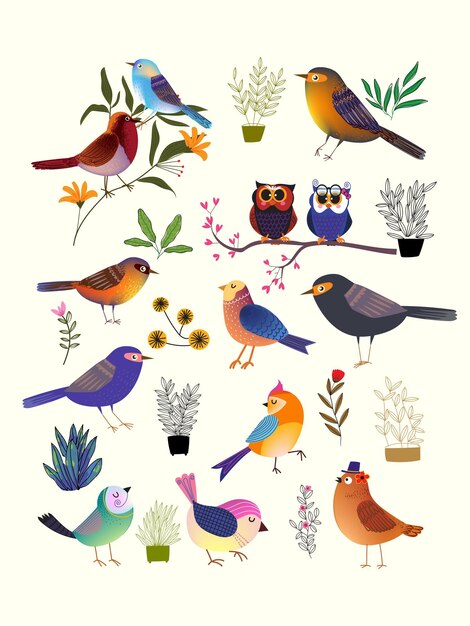 Vector set of cute cartoon bird on plant trees branch on background vector illustration bird and nature