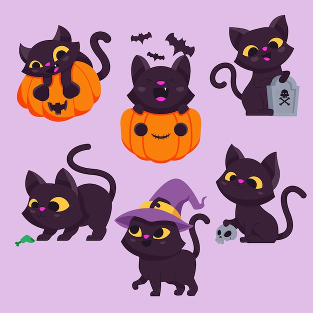 Set of Cute cartoon black cat Halloween character