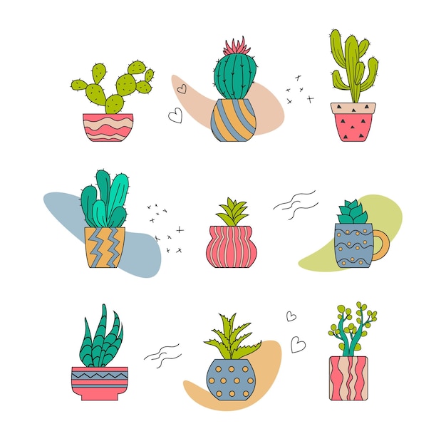 Set of cute cartoon cactus in pots Vector illustration