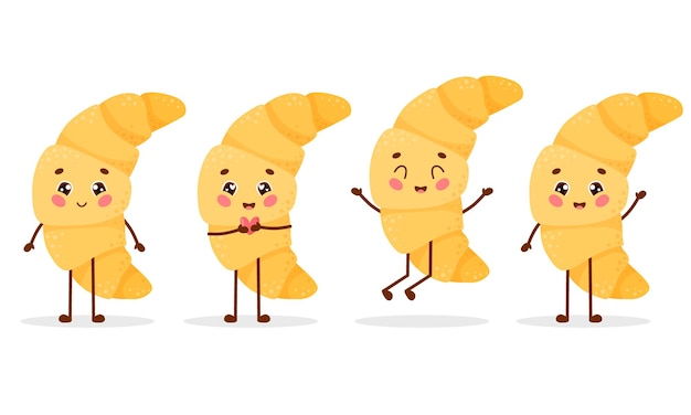 Set of cute cartoon character croissant in different emotions Vector illustration isolated