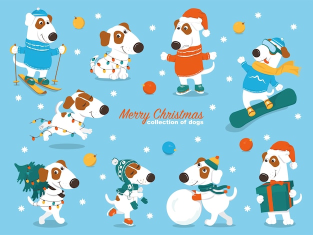 Set of cute cartoon Christmas dogs in winter clothes and with a Christmas balls