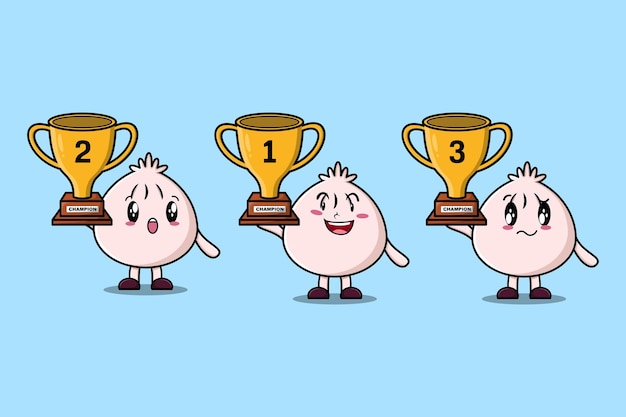 Set of cute cartoon Dim sum holding trophy with happy expression in 3d modern style design