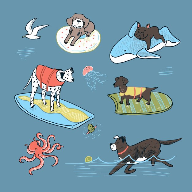 Vector set of cute cartoon dogs swimming in the sea vector illustration