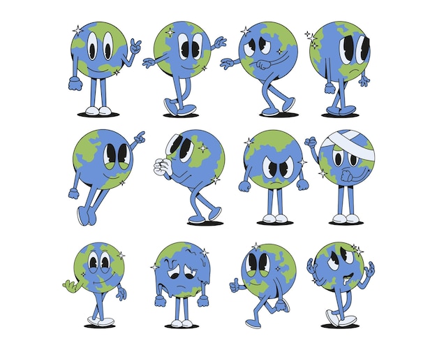 Set of cute cartoon earth character with different emotions Vector illustration