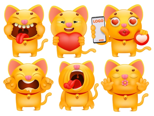 Set of cute cartoon emoticon cat charscters in various poses.