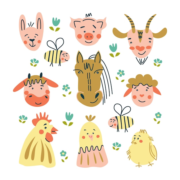 Set of cute cartoon farm animals. Vector illustration for childish design.