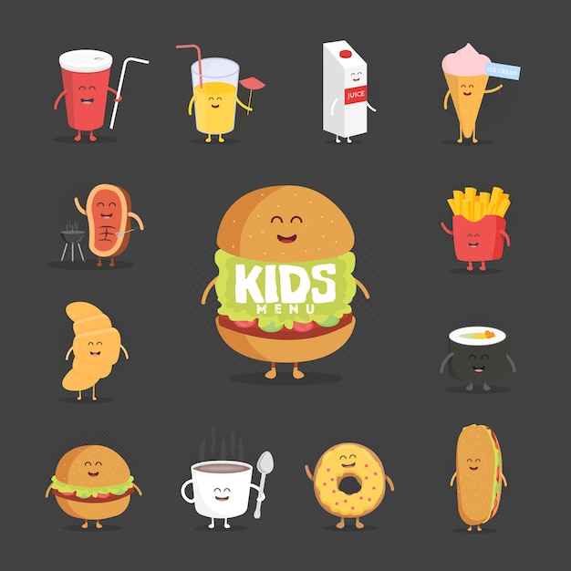 Set of cute cartoon fast food characters