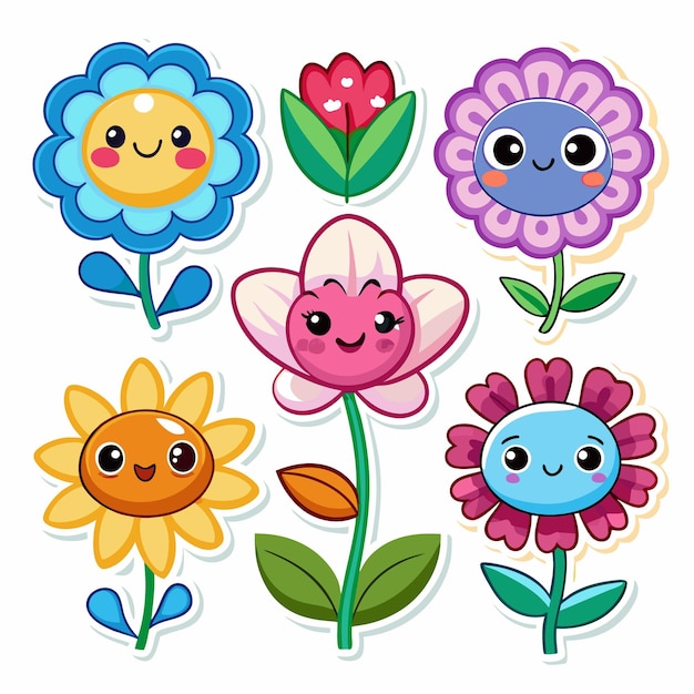 Set of cute cartoon flowers with happy faces